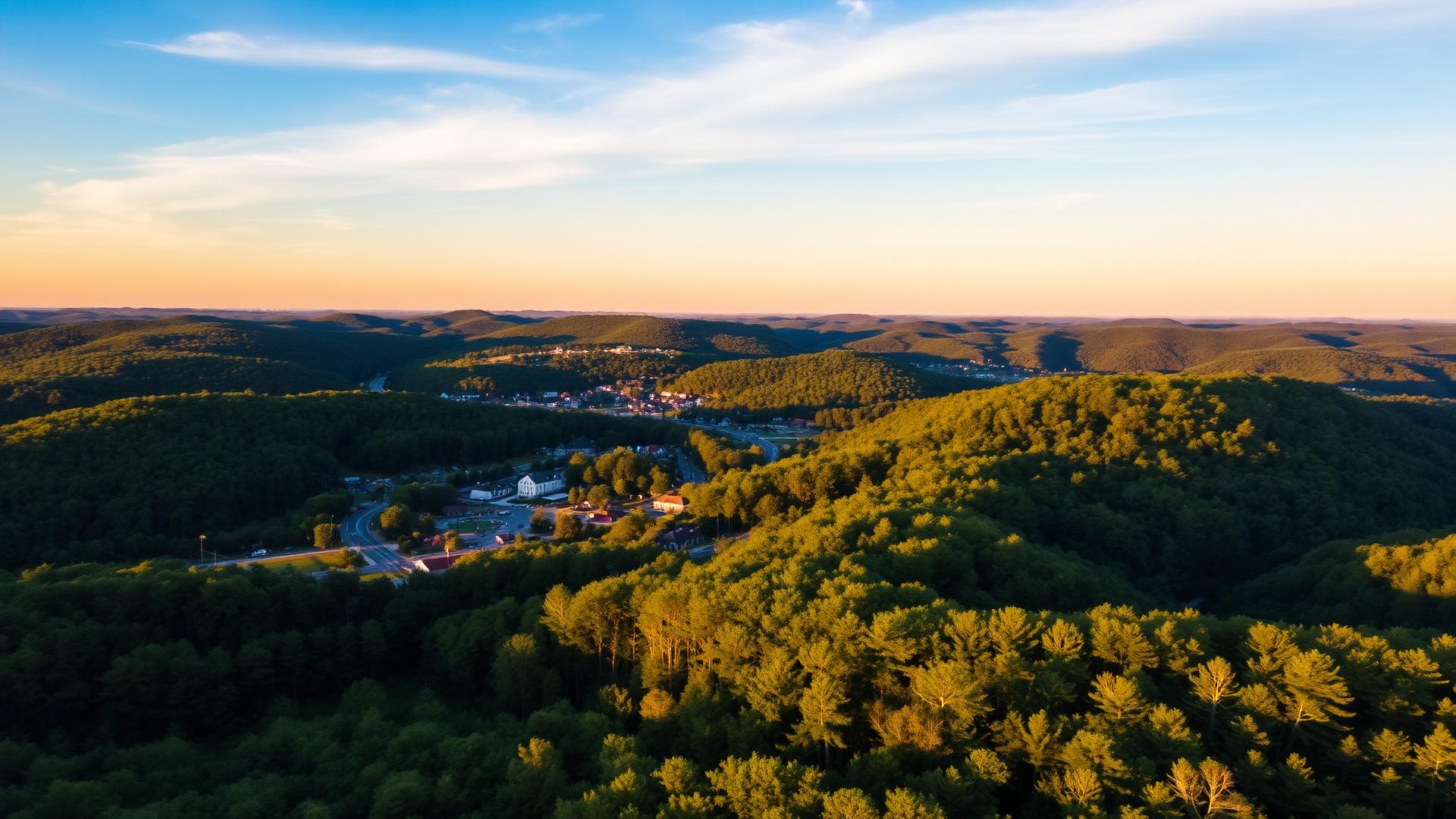 Aerial view of a Connecticut town surrounded by forest